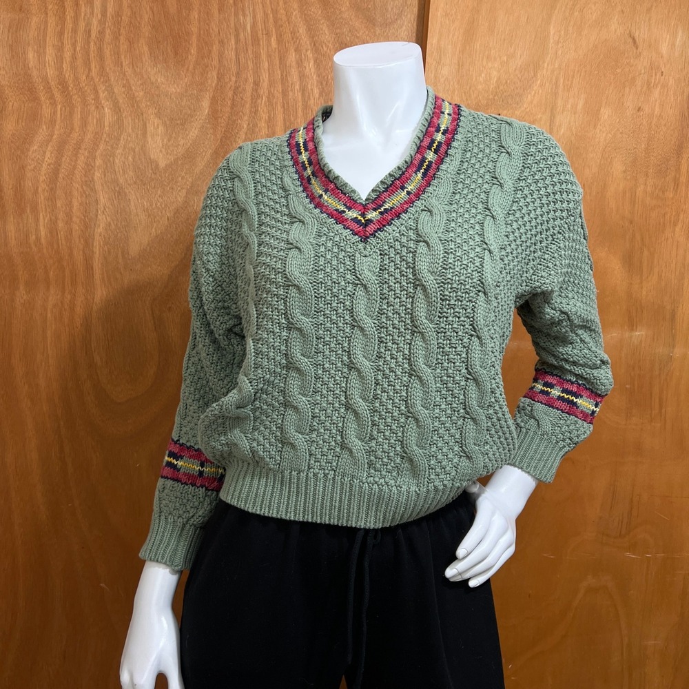 Vintage GAP Cable Knit V-Neck Cricket Sweater XL Sage Green Multi Trim